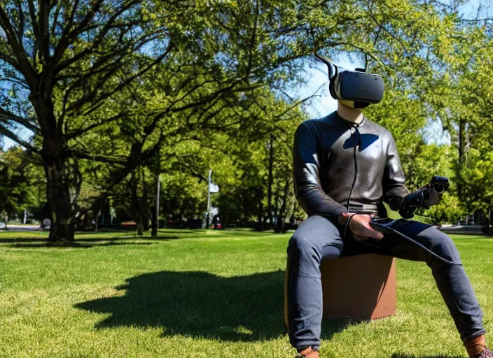 Image similar to photo still of a bronze statue of a man gaming in vr in a park on a bright sunny day, 8 k 8 5 mm f 1 6