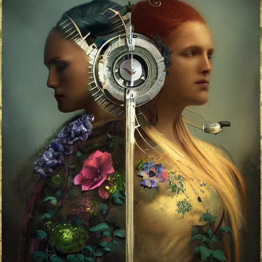 Image similar to a beautiful fine art RPG portrait photo of a mechanical industrial steampunk yin yang symbol, overgrown with morning glory flowers, montsera leaves by tom bagshaw and zach sutton, golden ratio composition, soft studio lighting, soft vignette, 50mm lens, very detailed, bionic, cybernetic scifi, deep depth of field, artstation, 8K