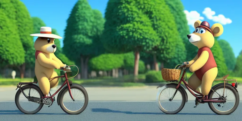 Prompt: shot of a cute bear on a bike wearing a sunhat studio ghibli pixar disney animation sharp render