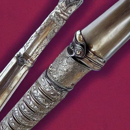 Image similar to hyperrealistic photograph! of a royal silver!! claymore sword, ornate with rubies and amethysts!!!!, crusade style