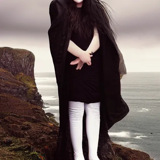 Image similar to 1 7 - year - old pale - skinned persian girl with black long bob cut, long bangs, black gothic jacket, black jeans, psychic girl, psychokinetic girl, standing on cliff along the irish coast, overcast gray skies, ultra - realistic, sharp details, subsurface scattering, intricate details, art by william - adolphe bouguereau