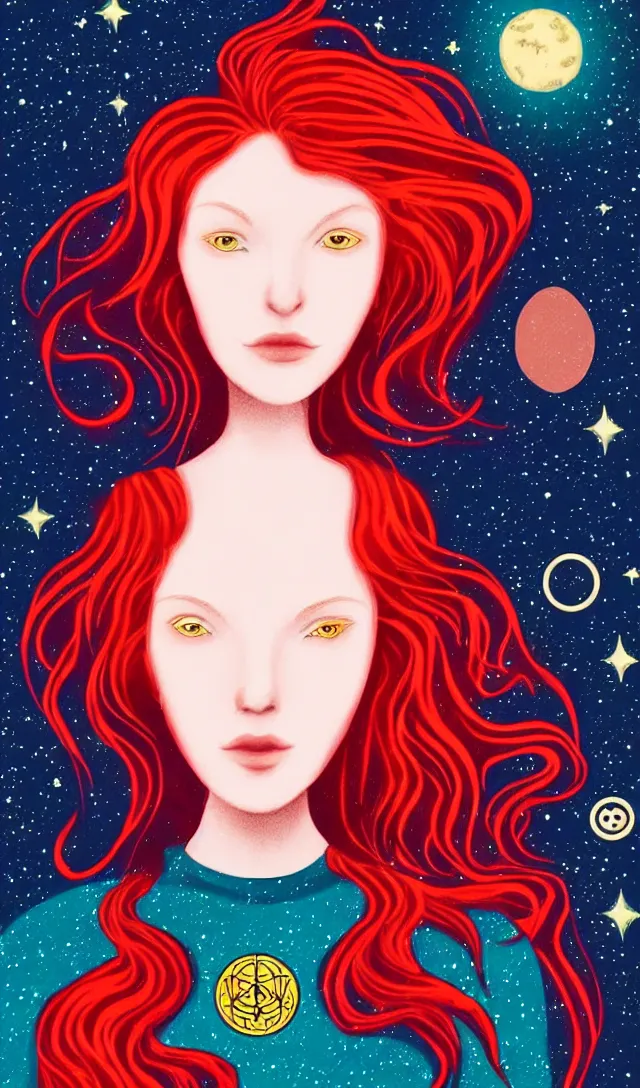 Image similar to tarot card of space astral girl, red hair, ginger hair, fantasy, glowing skin, smooth face, perfect eyes