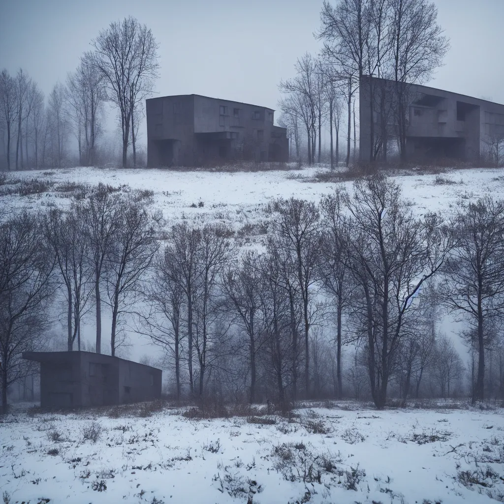 Image similar to landscape with brutalistic soviet architecture style house, near foggy forest and small pond, dark winter evening, snowing, strong, blizzard, atmospheric, mystical, very detailed 4 k, professional photography