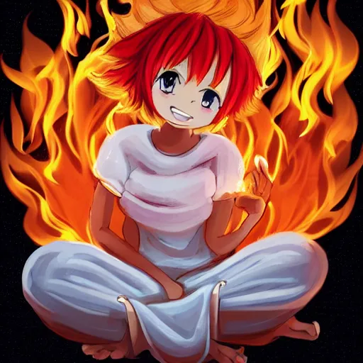 Image similar to fluffy popcorn anime character with a smiling face and flames for hair, sitting on a lotus flower, clean composition, symmetrical