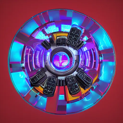 Image similar to sticker of a rock band, band name is tripmachine, on the sticker is a 3 d render of a huge futuristic steampunk power generator, 8 k, fluorescent colors, halluzinogenic, multicolored, exaggerated detailed