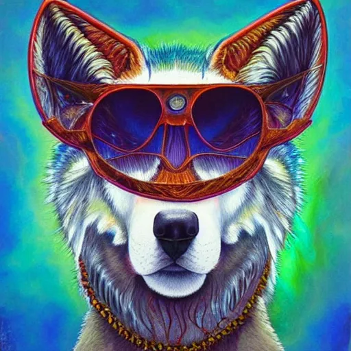 Prompt: spirit wolf wearing sunglasses by GEOGLYPHIKS by FABIÁN JIMÉNEZ by MICHAEL DIVINE by AMANDA SAGE in the style of oil painting visionary art, intricate oil painting artwork. , trending on artstation, very coherent symmetrical artwork, oil painting