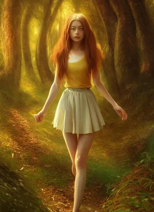 Image similar to young woman walking in short skirt : : magic forest mushrooms nature : : weta disney pixar movie still photo : : decadent highly - detailed digital painting, full length shot, golden ratio, octane render, artstation, smooth, sharp focus, artgerm, mucha, loish, wlop, gogo