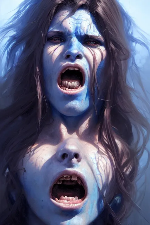 Prompt: portrait of a screaming celtic berserker woman with blue warpaint, medium shot, portrait, concept art, natural lighting, illustration, full color, highly detailed, photorealistic, by greg rutkowski and artgerm, artstation,