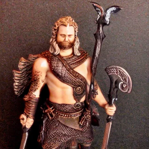 Image similar to odin with huggin and munning on his shoulders walking through the sea of death, followed by the valkyries. he is holding gungir in his right hand, 6 0 mm portrait photo