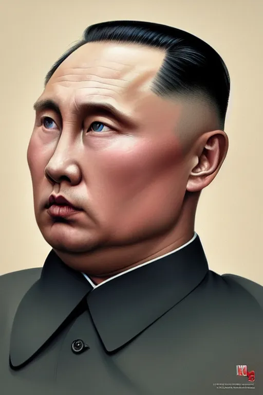 Image similar to vladimir putin with kim jong un hairstyle, realistic portrait, symmetrical, highly detailed, digital painting, artstation, concept art, smooth, sharp focus, illustration, cinematic lighting, art by artgerm and greg rutkowski and alphonse mucha