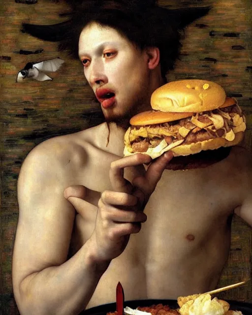 Image similar to saturn devouring his big mac, by edgar maxence and caravaggio and michael whelan, intricate painting, hyper realistic, extremely detailed and beautiful aesthetic face, 8 k resolution