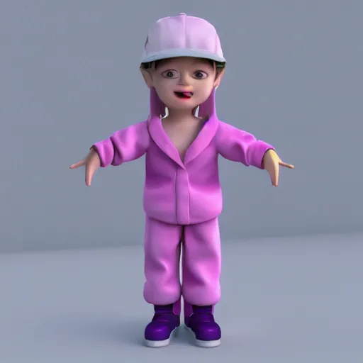 Image similar to y2k, late 90s, early 2000s pink and purple baggy outfit 3d character model render, detailed, white background, 4k, aesthetic