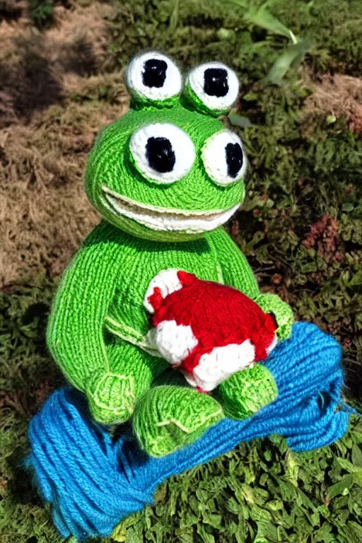 Image similar to Pepe the frog knitted from yarn