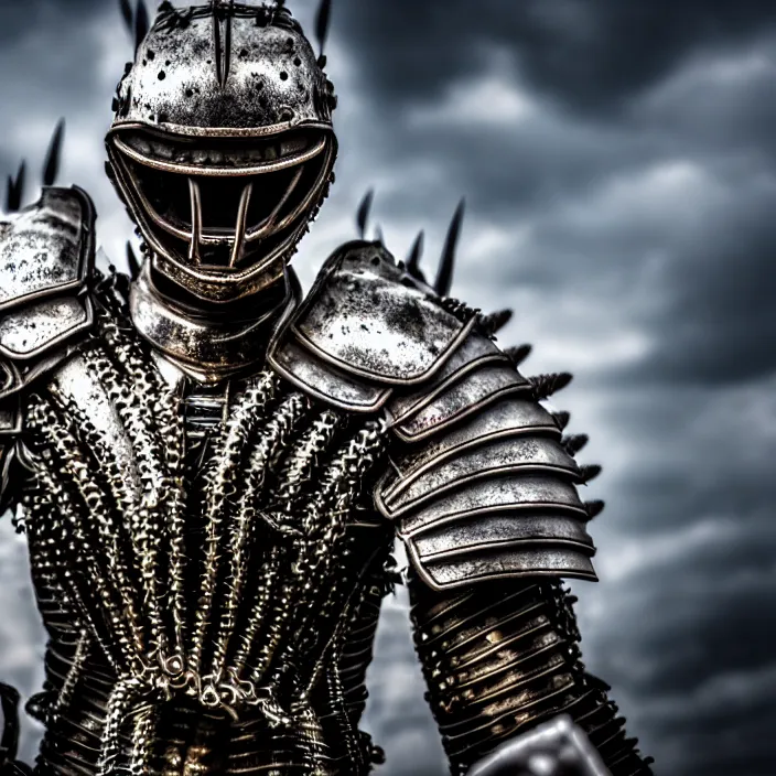 Image similar to photo of a warrior with metal centipede themed armour, highly detailed, 4 k, hdr, smooth, sharp focus, high resolution, award - winning photo