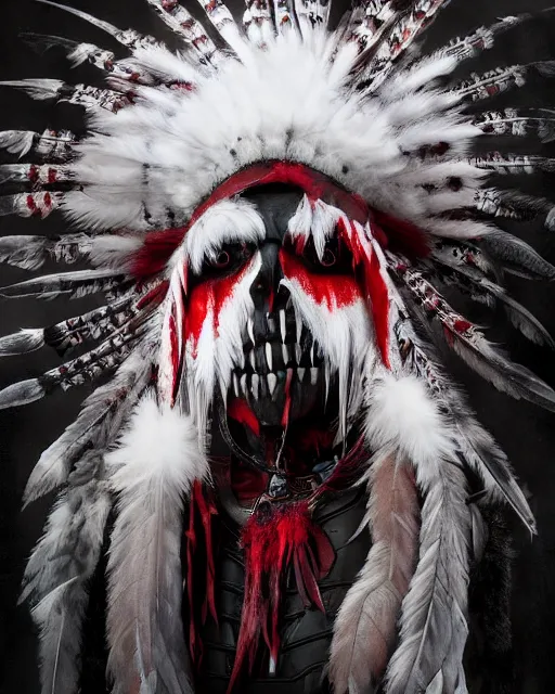 Image similar to the ghost - spirit of the grim - warpaint wears the scarlet skull armor and native blood headdress feathers, midnight fog - mist!, dark oil painting colors, realism, cinematic lighting, various refining methods, micro macro autofocus, ultra definition, award winning photo