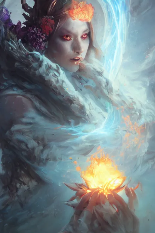 Image similar to face closeup of beautiful girl necromancer, witch - doctor exploding into flowers, angels, 3 d render, hyper - realistic detailed portrait, holding fire and electricity, ruan jia, wlop. scifi, fantasy, magic the gathering, hyper detailed, octane render, concept art, peter mohrbacher