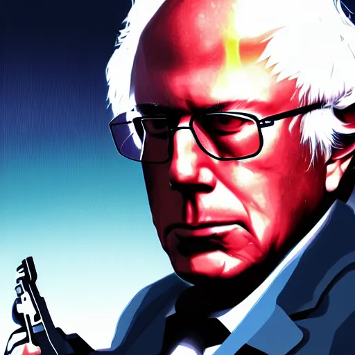 Image similar to cyberpunk bernie sanders as the leader of a futuristic communist nation, cybernetics, sharp lines, digital, artstation, colored in