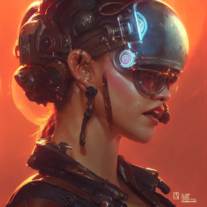 Prompt: a head and shoulders portrait of a female space pirate, neon, retro, steampunk, smooth, sharp focus, intricate, artstation, detailed concept art by Greg Rutkowski and Norman Rockwell and artgerm