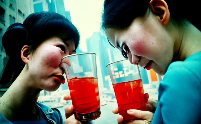 Image similar to cinestill 5 0 d candid photographic portrait by helen levitt of a two android women sharing a drink in futuristic china, extreme closeup, modern cyberpunk, minimalism, dust storm, 8 k, hd, high resolution, 3 5 mm, f / 3 2, ultra realistic faces, intricate detail, ex machina