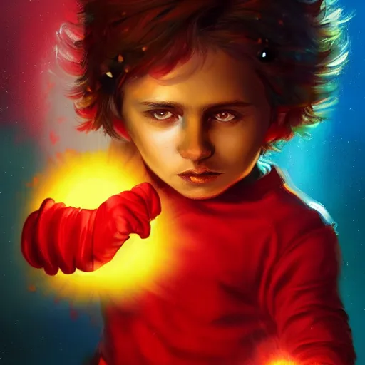 Image similar to colorful and festive captivating young child boy, brown fluffy hair, wearing red and yellow hero suit, shooting a yellow energy sphere out of his fist. full body, rich vivid colors, ambient lighting, dynamic lighting, 4 k, atmospheric lighting, painted, intricate, highly detailed by charlie bowater