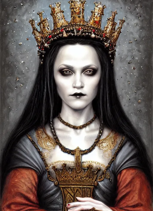 Image similar to highly detailed closeup portrait of a goth medieval queen wearing a crown and sitting on a throne, nicoletta ceccoli, mark ryden, earl norem, lostfish, global illumination, god rays, detailed and intricate environment