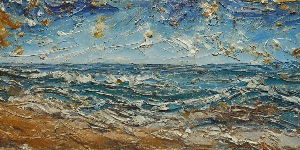 Image similar to oil paint impasto relief, beautiful italian beach scene, rough sea, multi layered thick brush marks, some splattered paint, in the style of ivan shishkin and frank auerbach and van gogh