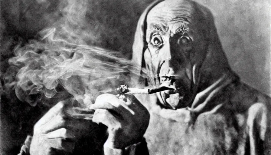 Prompt: man - raven hybrid smoking, realistic, historic, detailed, realistic, 1 9 2 0's horror film, black and white