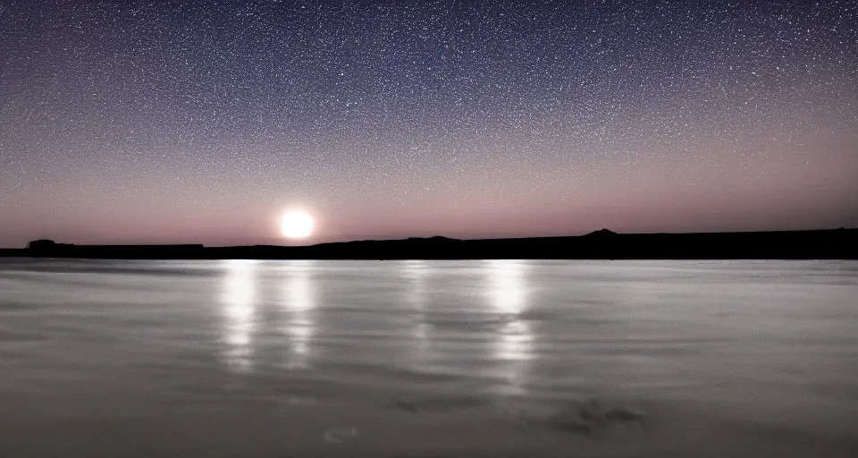 Prompt: huge moon gleaming over the beach shore line, nighttime, black sky, water reflection, waves, dslr, 4 k, flickr, high quality