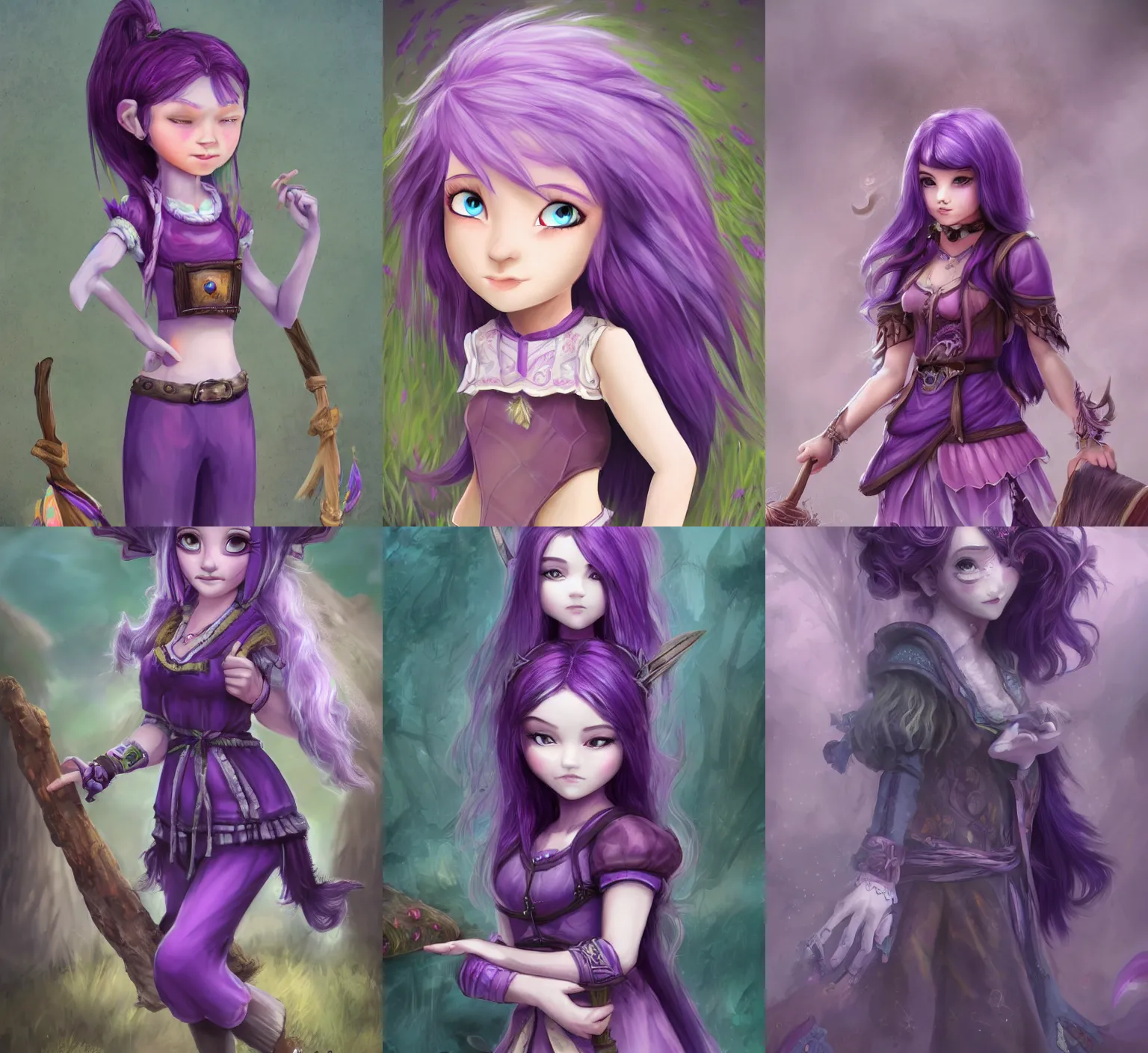 Prompt: a medium build girl with purple skin and purple hair in villager clothing, fantasy art, extremely detailed, high quality,