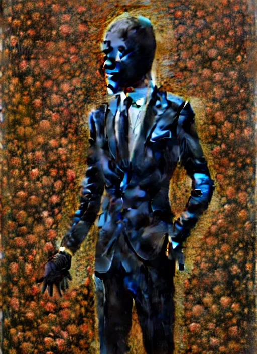 Image similar to an man in a black suit with a flowery shrub instead of a head, intricate, highly detailed, concept art, hyperrealistic, oil painting by greg staples, 8 k