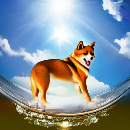 Prompt: shiba inu in a puddle on a hot summer day with the sun in the sky above them, realism, highly detailed, back lit, god rays, bloom, 4k