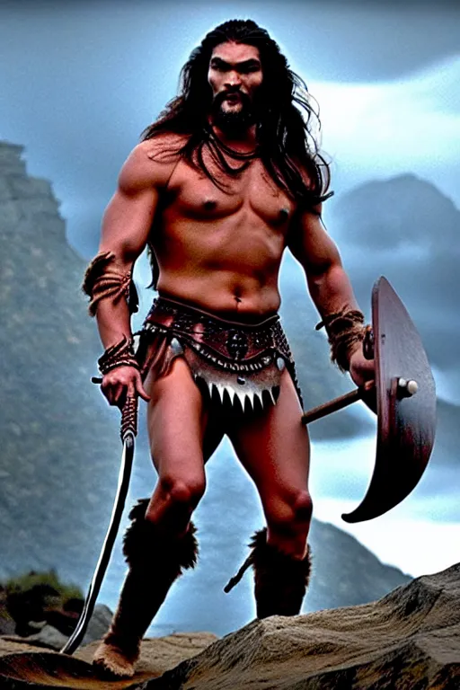 Image similar to film still from conan the barbarian, jason momoa as conan, wearing royal crimson fantasy ornate spartan dragon scale armor, volumetric lighting, wet skin and windblown hair, muscular!!!, battle action pose, ridley scott, high contrast