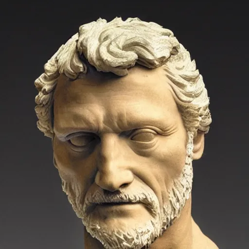 Image similar to a sculpture by michelangelo with the likeness of rutger hauer