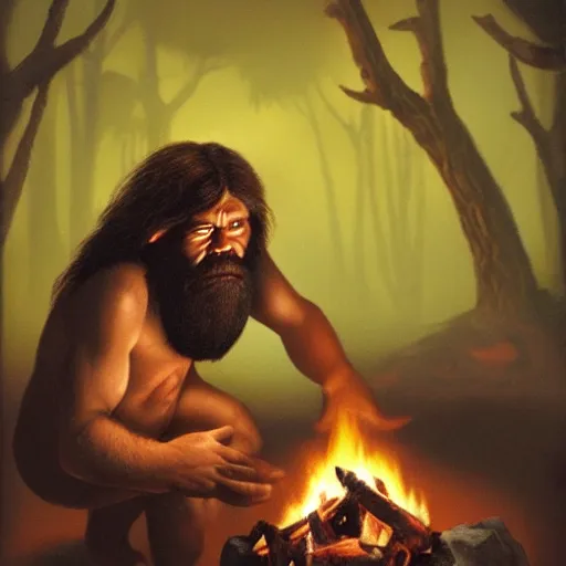 Prompt: cave man discovering fire