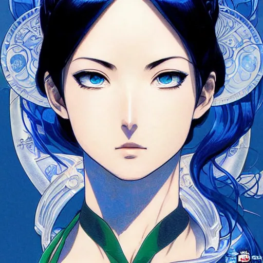 Image similar to highly detailed vfx portrait of nico robin by eiichiro oda!, makoto shinkai, alphonse mucha, art by artgerm and greg rutkowski!, backlit, harsh overhead sunlight, blue eyes!!, large aquiline nose!!, best of behance, concept art, matte, sharp focus, magali villeneuve, stanley kubrick,