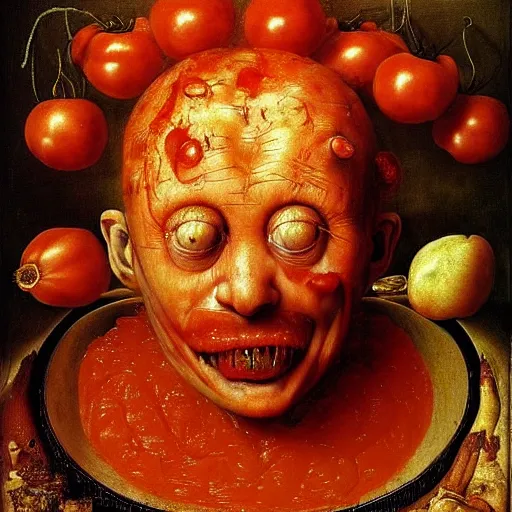 Image similar to a chef sitting in a bathtub full of tomato sauce, looking straight into camera, screaming in pain, by giuseppe arcimboldo and ambrosius benson, renaissance, fruit, intricate and intense oil paint, a touch of beksinski and hr giger, realistic