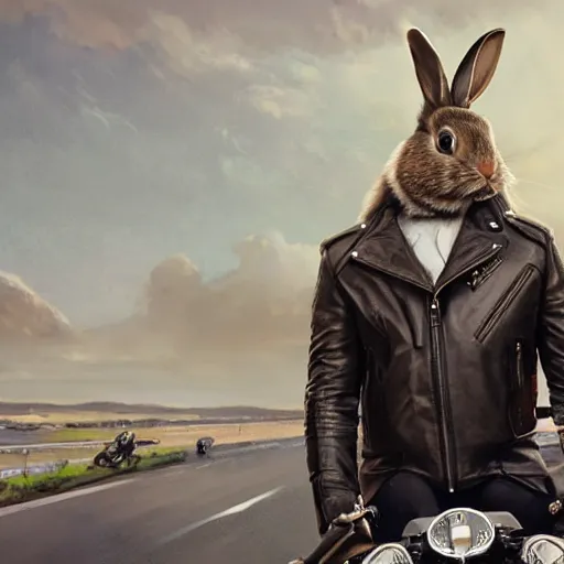 Image similar to a bunny wearing a leather jacket, riding a motorcycle, elegant, highly detailed, digital painting, artstation, concept art, matte, sharp focus, highly detailed, 4 k, hdr, smooth, sharp focus, high resolution, award - winning photo, photorealistic, art by artgerm and greg rutkowski and alphonse mucha, large shot
