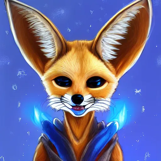 Prompt: furry art of a small fennec fox character with long braided blond hair and holding fireballs in his hands and wearing a blue sweatshirt, digital painting, detailed, cute, big intelligent blue detailed eyes, high resolution, trending on furaffinity