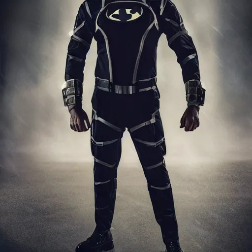 Prompt: photograph of a man wearing modern superhero costume. tactical outfit. dark colors. 4 k. highly detailed. film still. cinematic lighting.