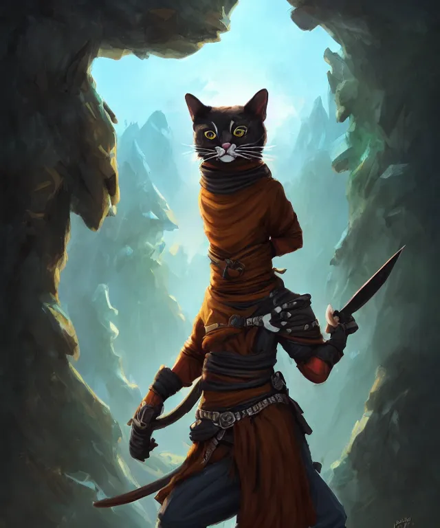 Image similar to anthropomorphic cat ninja, ninja outfit, standing in a beautiful landscape, cute and adorable, dnd character art portrait, matte fantasy painting, deviantart artstation, by jason felix by steve argyle by tyler jacobson by peter mohrbacher, cinematic lighting