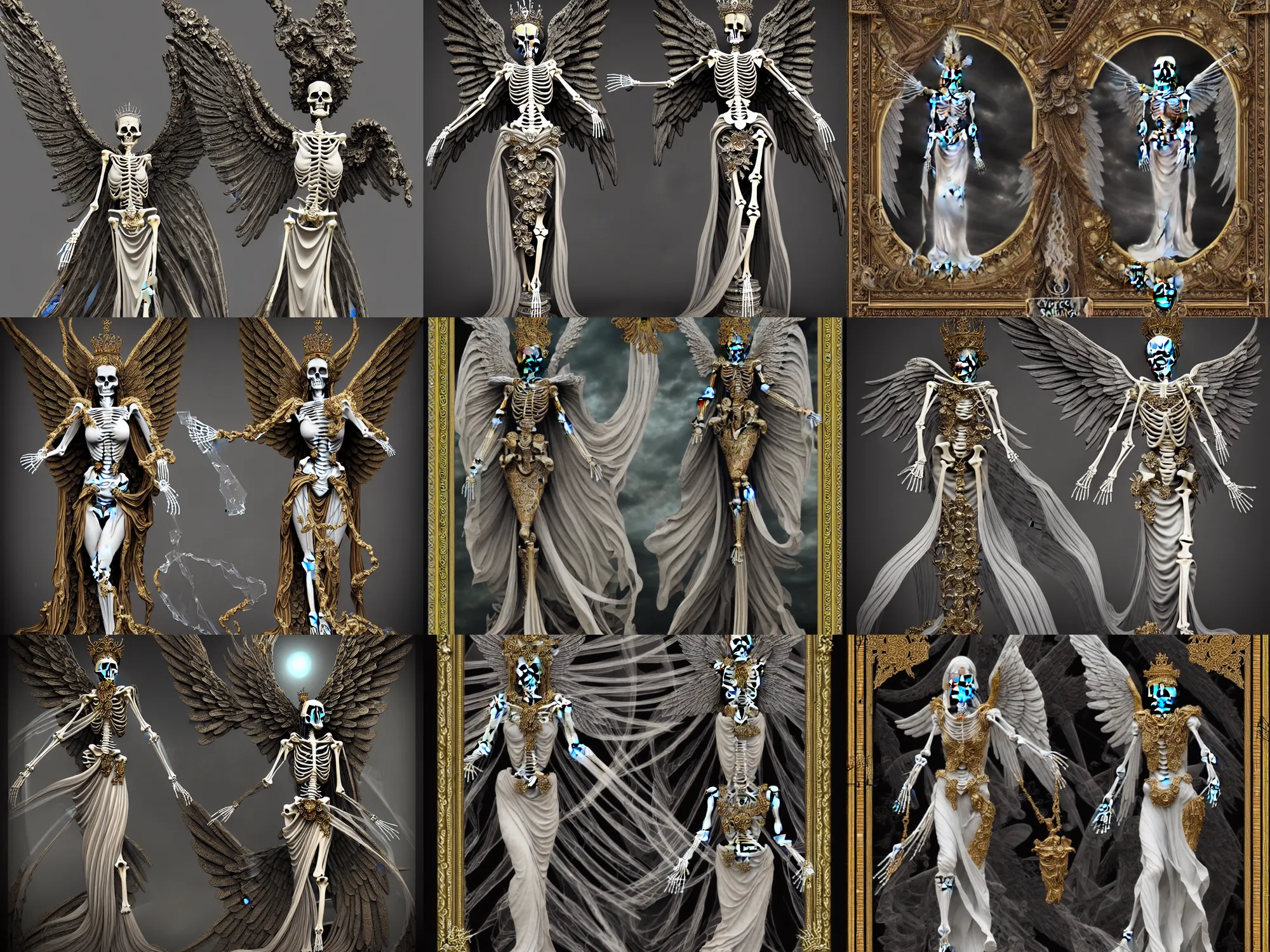 Prompt: skeleton queen made of glass with ornate flowing robes, winged victory of samothrace made of glass, tarot card with ornate border frame, ornamented, opulent, elaborate, accurate, intricate, meticulous, decorative, moody, dramatic, atmospheric, octane render, hypermaximalist, elegant, ornate, luxury, hyper realistic, hyper detailed