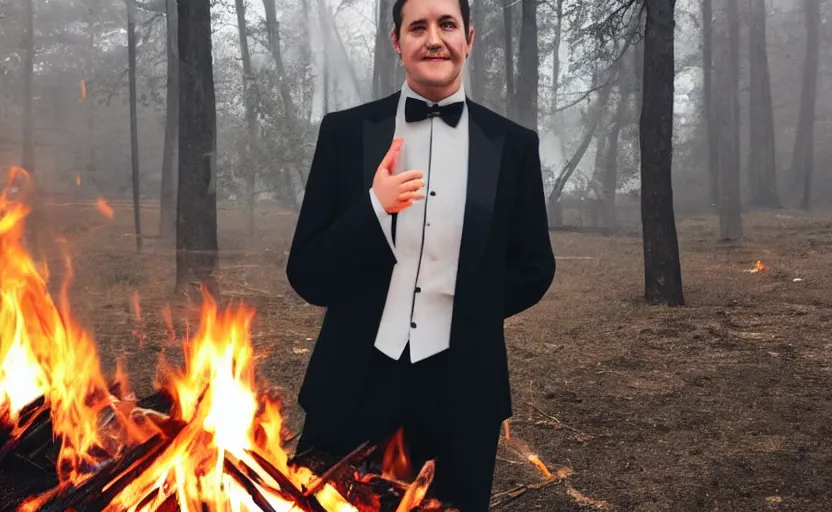 Image similar to a man wearing a tuxedo sitting in the middle of a bonfire, no face