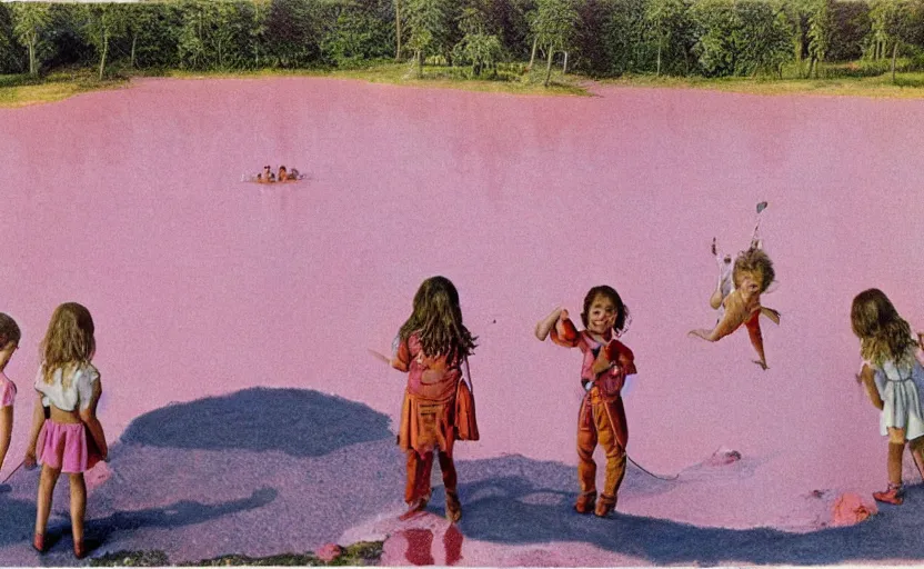 Image similar to kids wearing a codex seraphinianus costume in a pink lake h 1 2 0 0