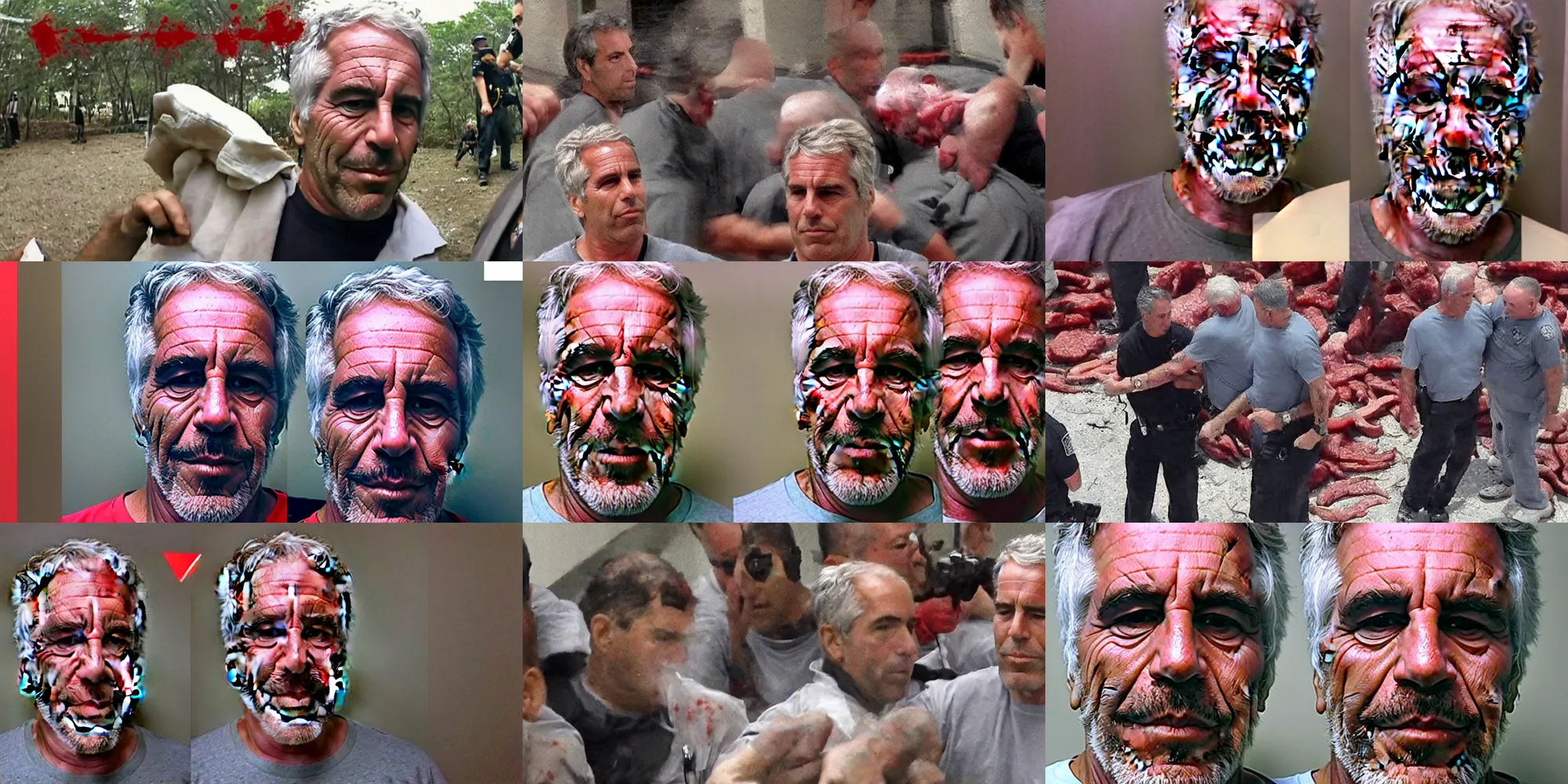 Prompt: gopro footage of jeffrey epstein getting mangled by jailhouse guards, blood and bone, red meat shreds