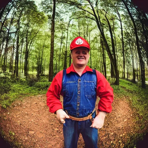 Prompt: a man dressed like a plumber with a red hat fish eye lens image