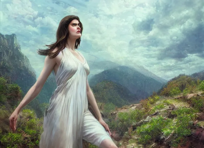 Prompt: alexandra daddario the real god, watching the earth. epic cinematic hyperrealism masterpiece. realistic poster with shaded lighting by craig mallismo, artgerm, jeremy lipkin and michael garmash, unreal engine, radiant light, detailed and complex environment, octane photoreal 3 d render, art station trends