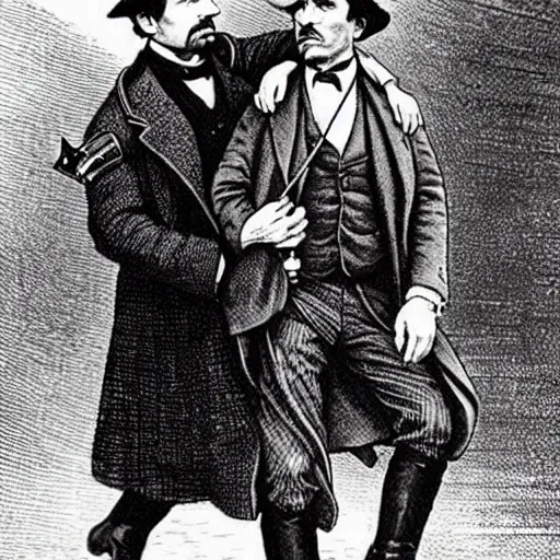 Image similar to Sherlock Holmes carrying Dr Watson on his back in the style of Sidney Paget