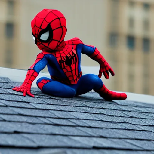 Image similar to Baby Spider-Man sitting at the roof,