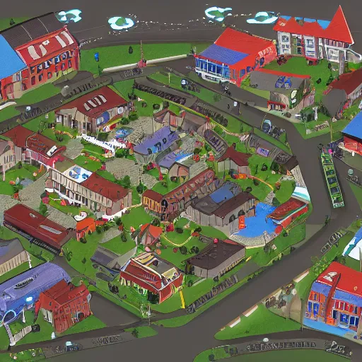 Image similar to a modern town map with town hall and playground, artstation, concept art