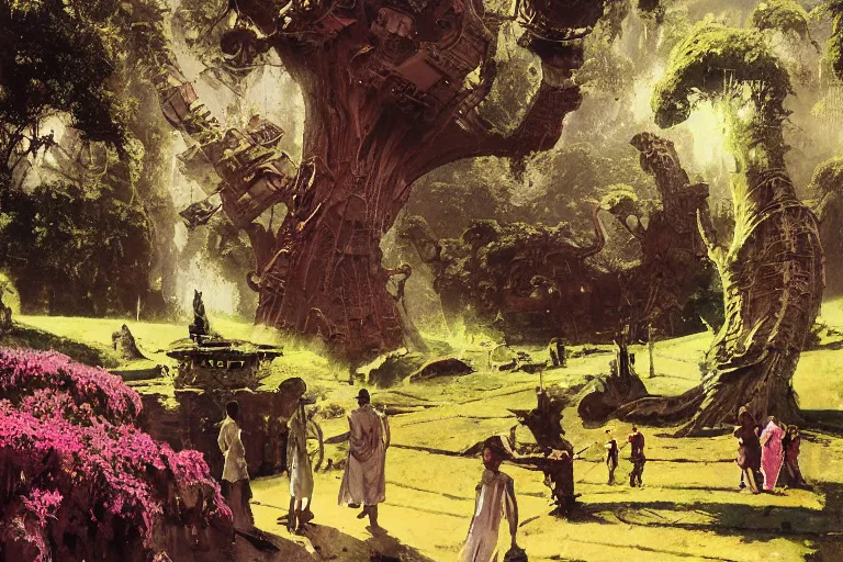 Image similar to pulp scifi illustration, elegant black woman watches spacecraft land in garden of stately home, flowers, baobab trees, distant town in valley and hills, by norman rockwell, jack kirby, john berkey, bergey, craig mullins, ruan jia, raymond swanland, jeremy mann, beksinski, tom lovell, alex malveda, schomburg